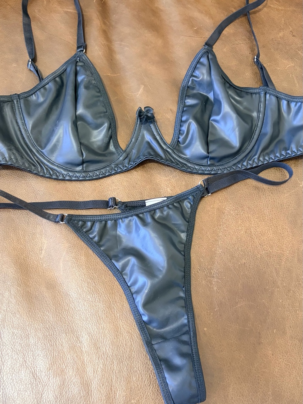 Black Women's Two-Piece Leather Look Lingerie Set